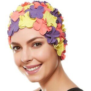 Beemo Floral Petal Ladies Bathing Swim Cap Women Long/Short Hair - PurpleYelPink